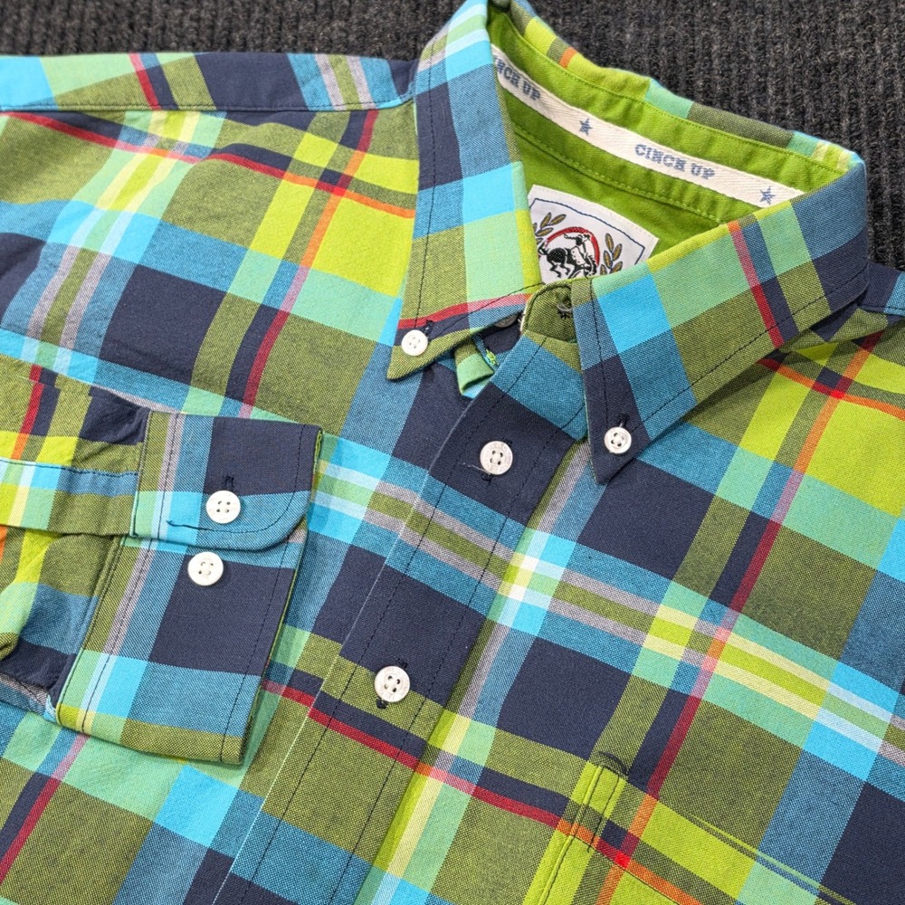 Cinch Button Down Shirt Men Large Green Blue Plaid Excellent Western Long Sleeve